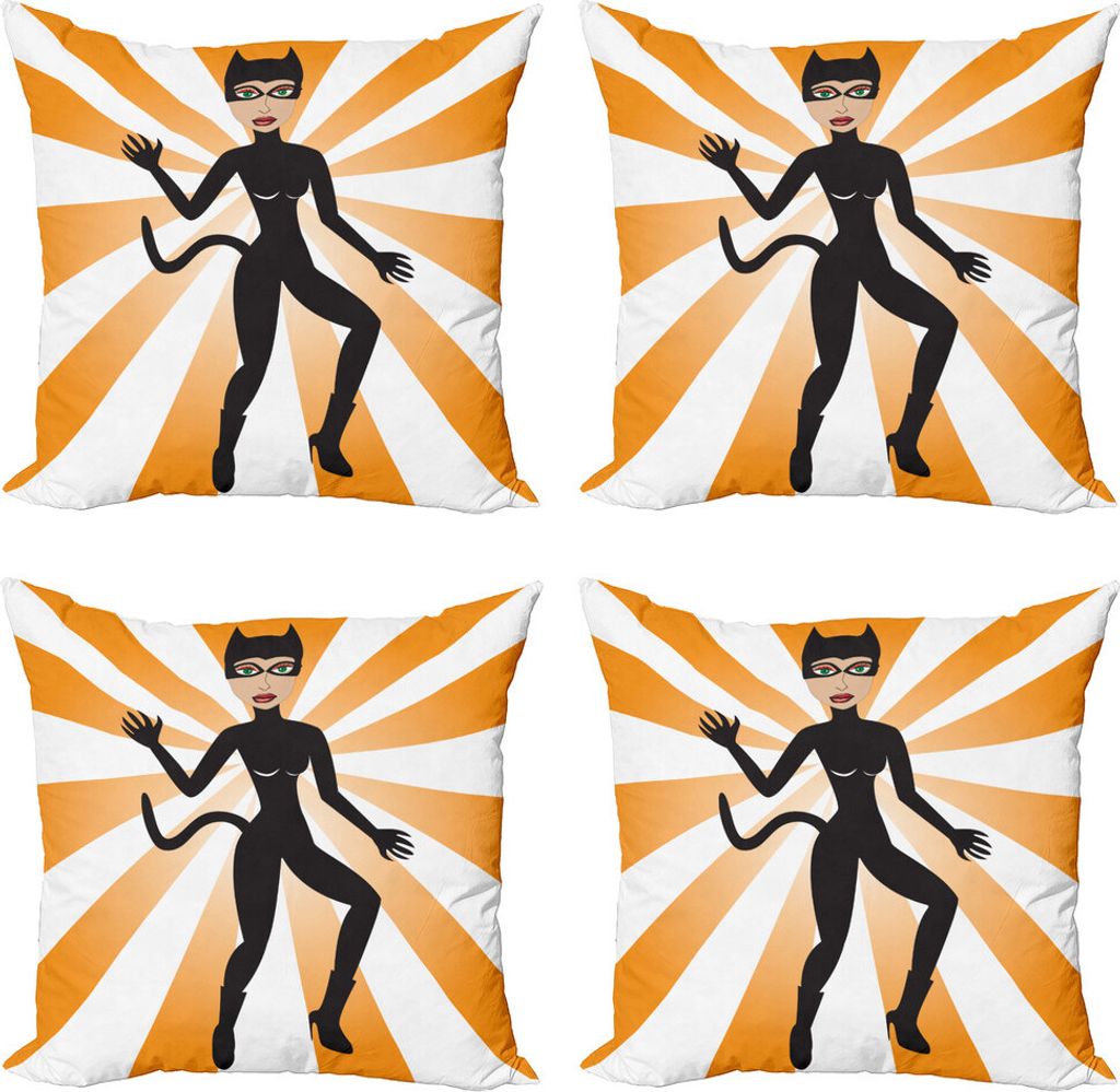 ABAKUHAUS Retro Kissenbezug Set (4 Stück), Katzen-Frau im Kostüm Rays, Moderner Doppelseitiger Digitaldruck, 50 cm x 50 cm, Orange Grau