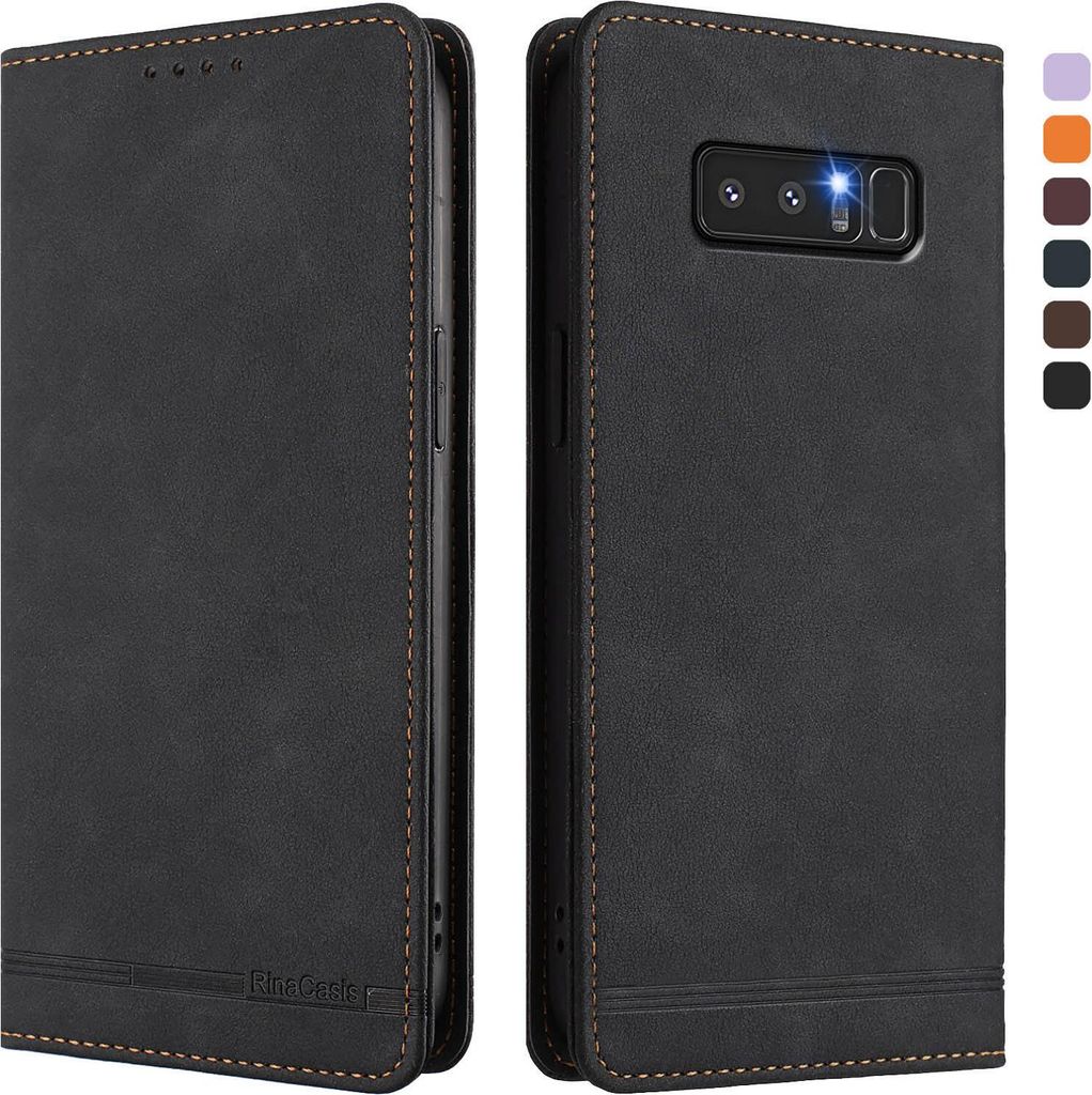 A black leather phone case for a Samsung Galaxy Note 8 is shown from two angles: front and back.