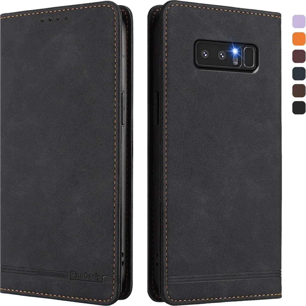 Custodia Samsung Note 8 in Pelle Nera: Wallet Case Retro con Stand
