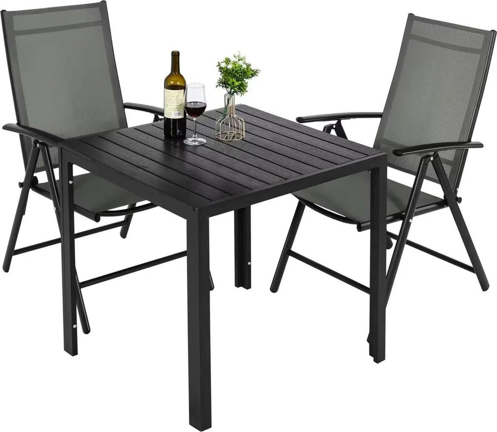 5-teiliges Balkonset – Tuintisch mit 4 Klappstühlen – Aluminium Gartenmöbel Set – Balkon & Terrasse – Schwarz – 7-fach verstellbare Rü...