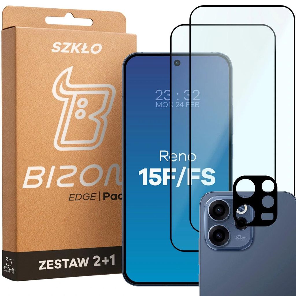 2x Gehärtetes Glas + Kameraschutz für Oppo Reno 15 F / FS, Bizon Glass Edge Pack, Schwarz