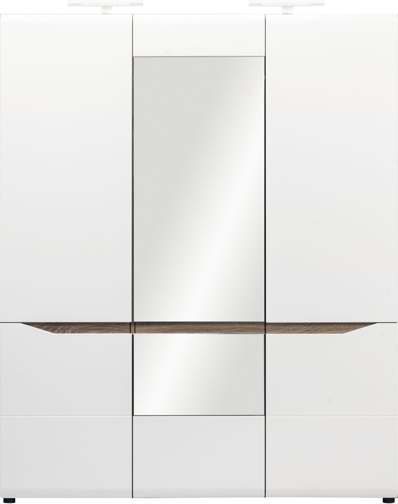 Furniture24 Kleiderschrank LIONEL LI9 Schrank 162 cm 2 Kleiderstangen Drehtürenschrank mit Spiegel Sonoma Trüffel/Weiß Glanz