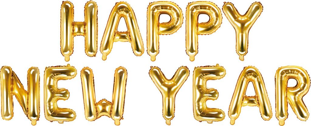 Gold foil balloons spelling out 'HAPPY NEW YEAR' against a white background.