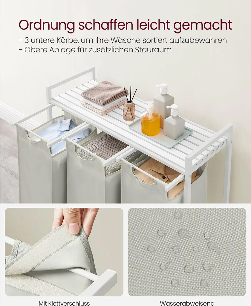 Meuble de buanderie avec panier à linge 3 compartiments et plateau blanc