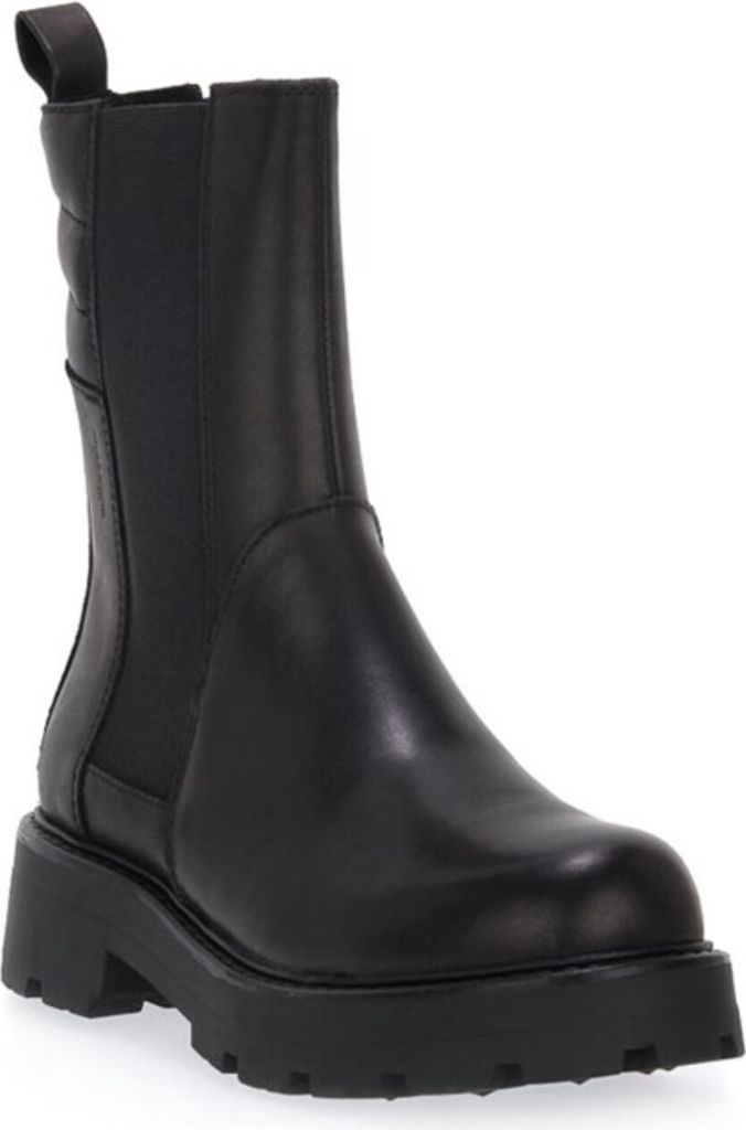 A black leather Chelsea boot with a thick sole is shown against a white background.