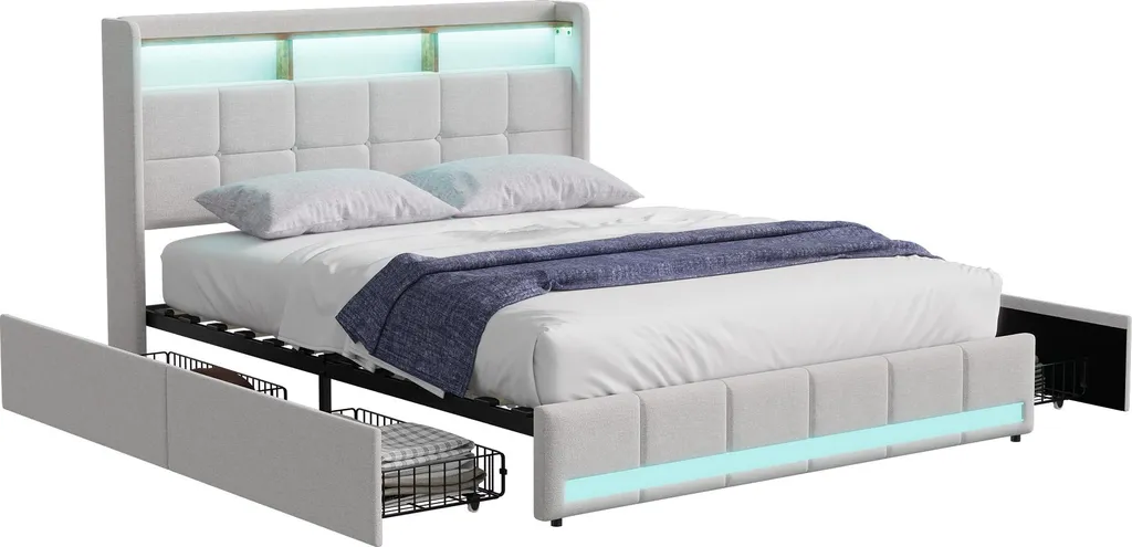 Lit Coffre 140x200 Beige avec Éclairage LED et Tiroirs de Rangement V08