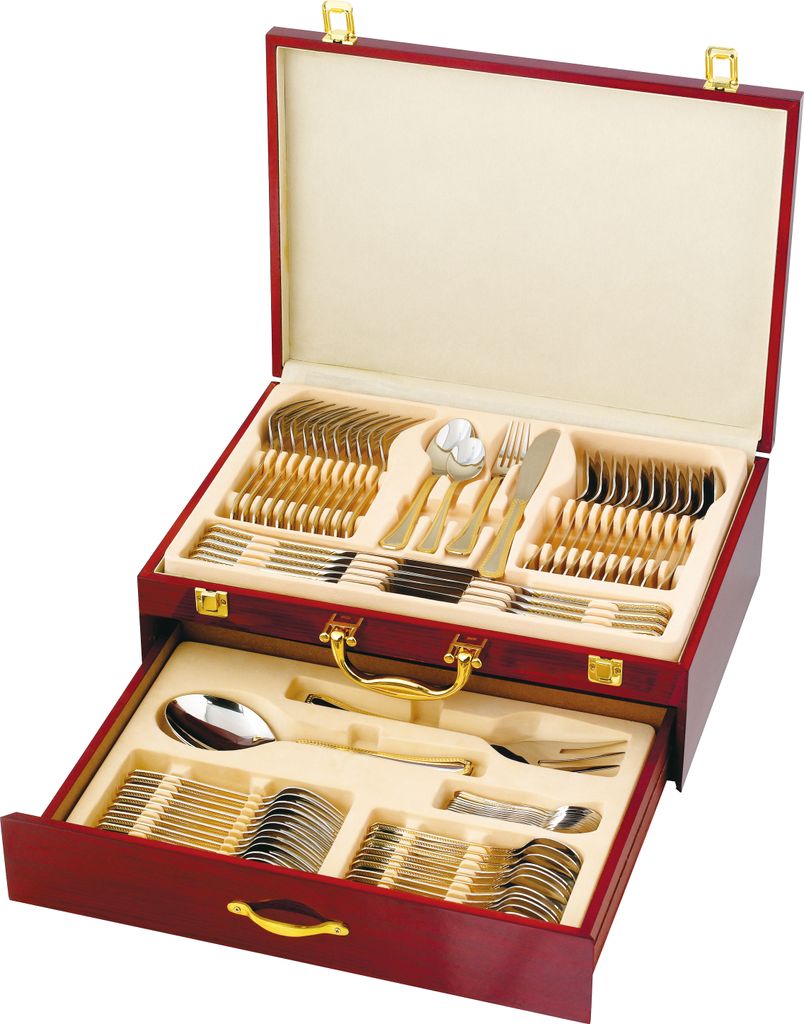 Luxus Besteckset Besteckkasten Holz 75 tlg12 Personen Edelstahl Gold Bicolor Mäander - edel und geschirrspüler geeignet