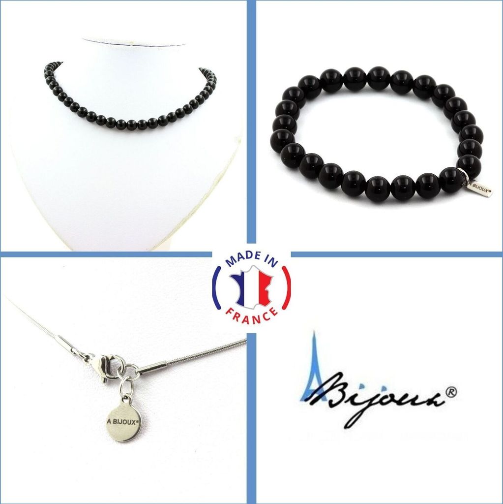 Schmuckset Armband Halskette Schwarze Achatperlen 8 mm Edelstahlkette