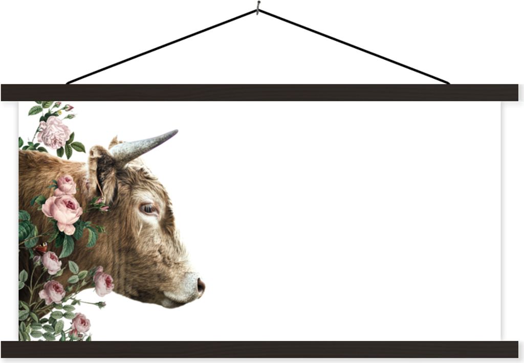 MuchoWow Textilposter Schottisches Hochlandrind - Rosen - Rosa 90x45 cm mit schwarzem Rahmen - Klemmleisten