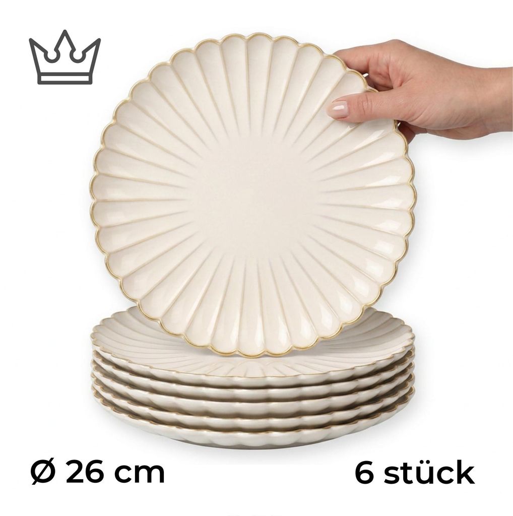 6er-Set Premium Porzellan Speiseteller Ø26 cm – Elegantes Wellendesign mit edlem Goldrand