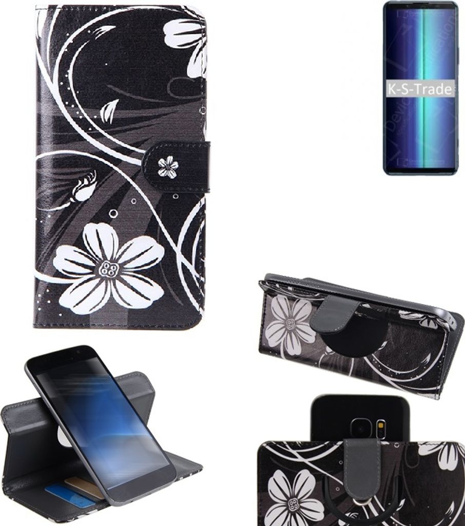 K-S-Trade Schutzhülle Handyhülle kompatibel mit Sony Xperia 8 Lite Hülle 360° Wallet Case ''Flowers'' Klapphülle Hülle schwarz-weiß 1x