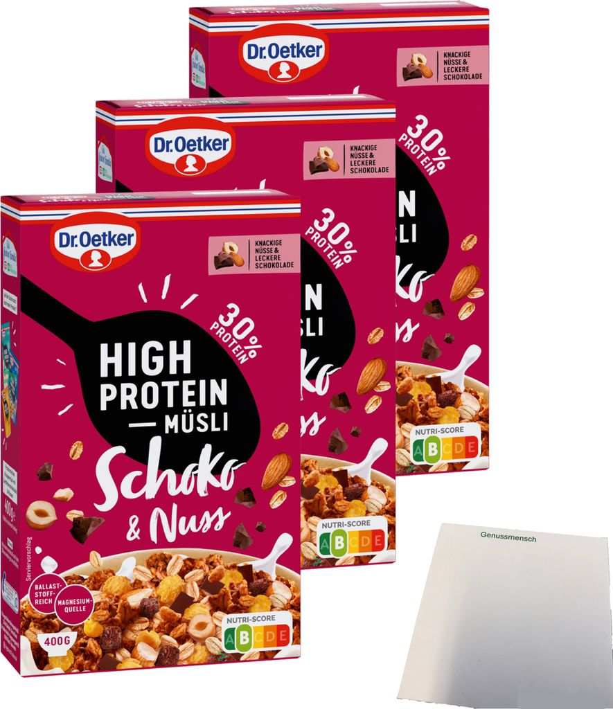Dr. Oetker High Protein Müsli Schoko & Nuss 3er Pack (3x400g Packung) + usy Block