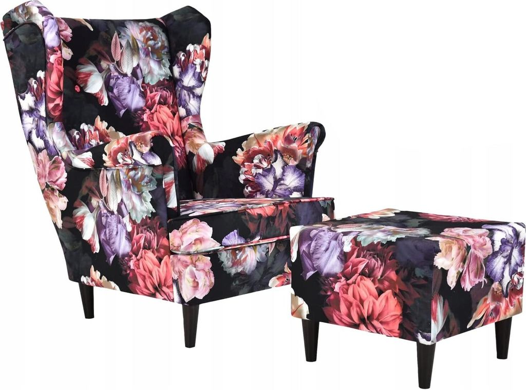 Family Meble Ohrensessel mit Hocker Print Relaxsessel Skandinavisch Bequemer Sessel Loungesessel Fernsehsessel Wohnzimmer Schlafzimmer Büro (FLOWE...