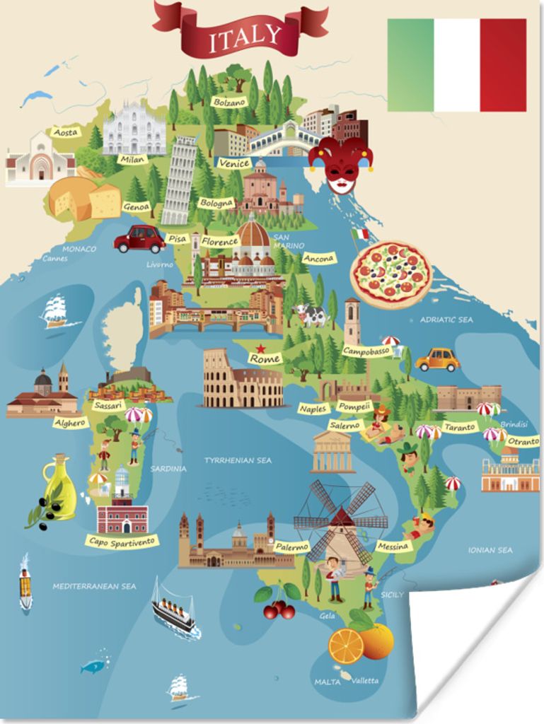 MuchoWow Poster Karte - Italien - Illustration 120x160 cm - Wandbilder