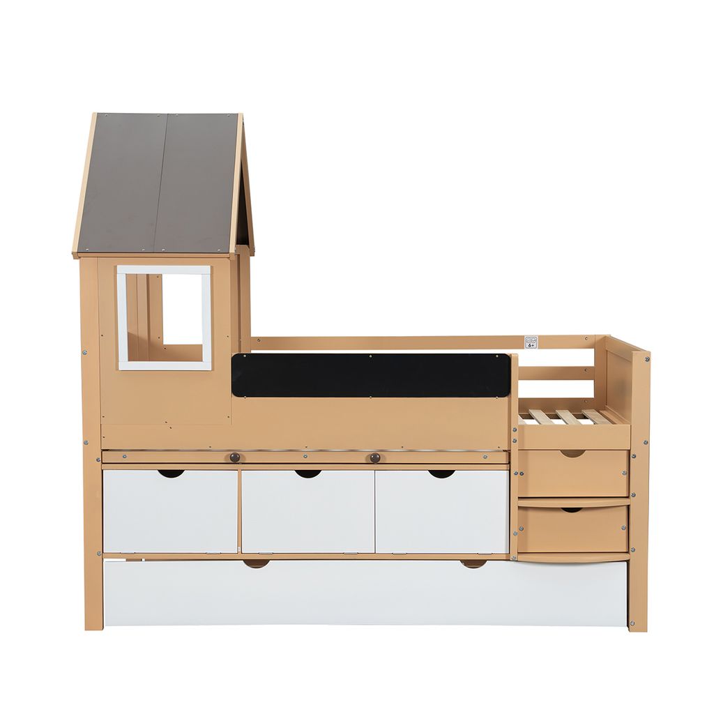 Kinderbett mit Schubladen und Ausziehbett Baumhausbett Hausbett Jugendbett Etagenbett 90x200&90*190cm Weiß+Natur