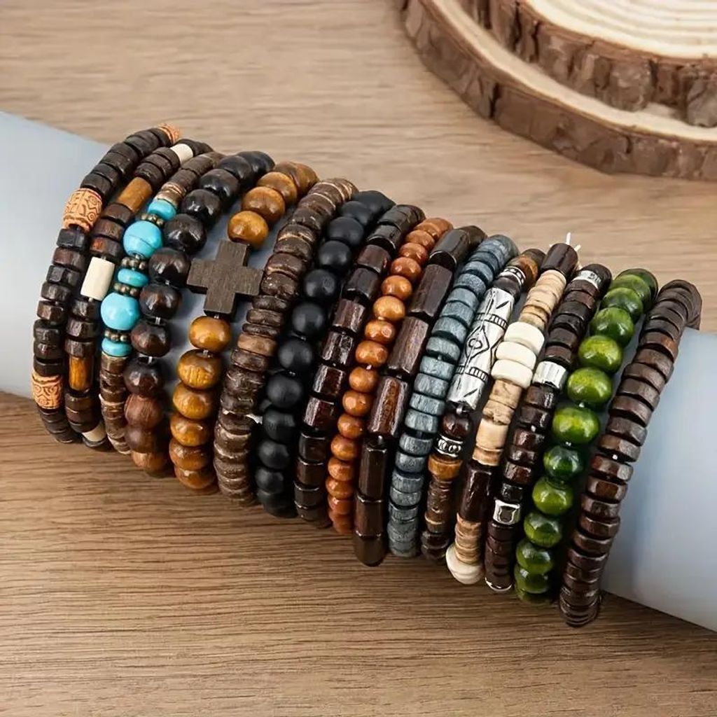 Armbandset, 16 houten kralen, kleurrijk – elastische Productafbeelding 