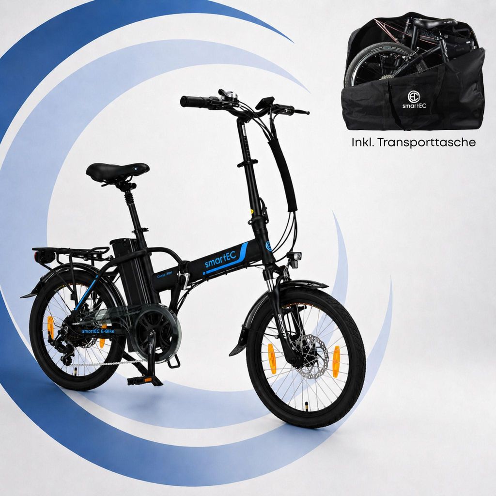 20 Zoll E-Faltrad Camp-20H Pedelec Schwarz mit Transporttasche smartEC
