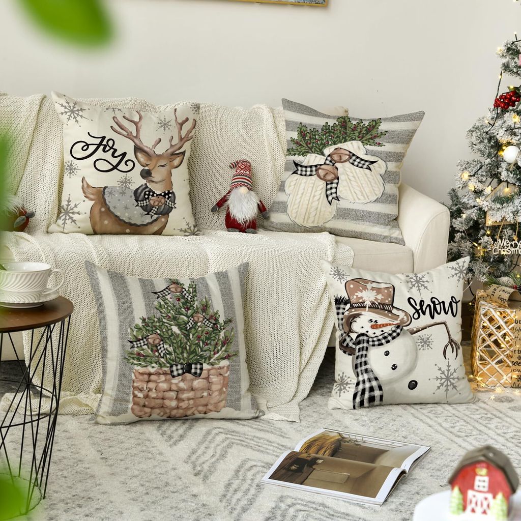 Lanpn 4 Pezzi Federe Cuscini Natalizi Copricuscini Natalizia 45x45cm, Babbo Natale Pupazzo di Neve Retrò Federa Natale Decorativo, Decorazioni Natalizio per Soggiorno Divani Letto in Camera da Letto