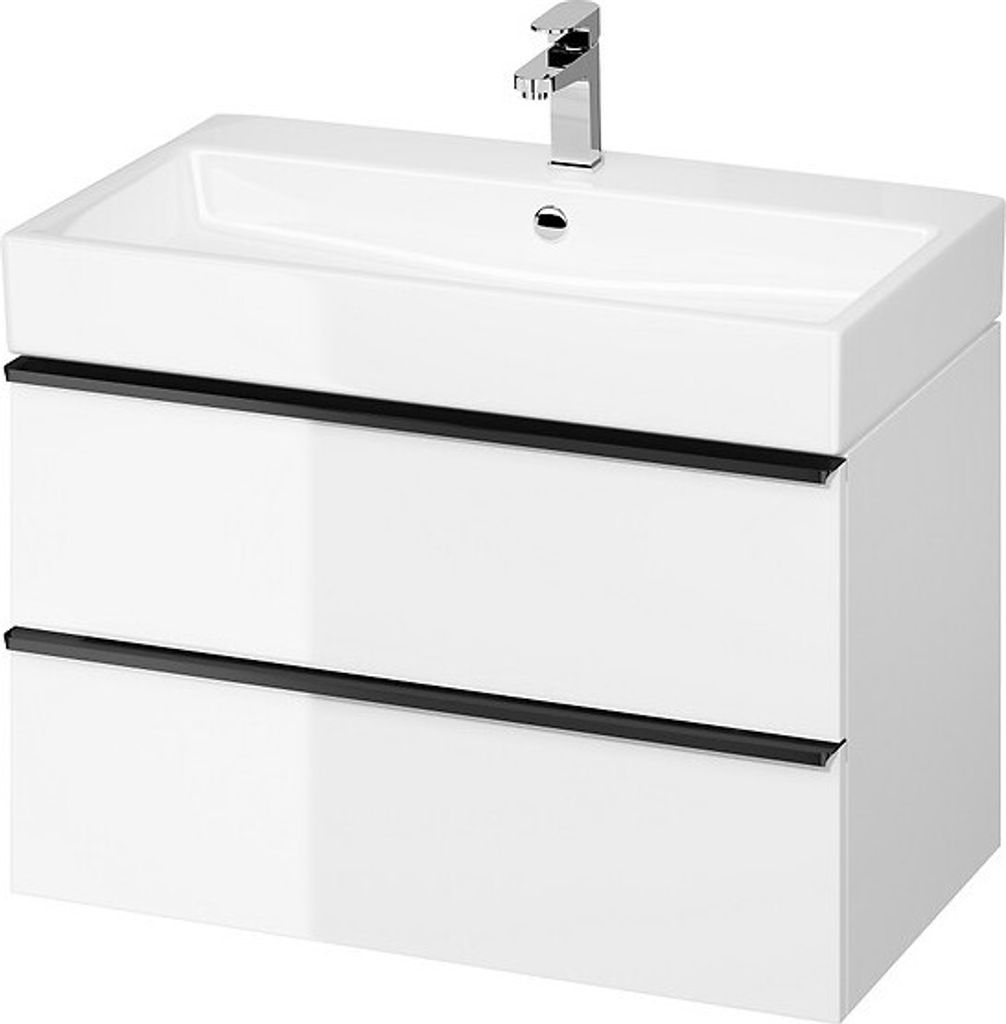 BADLAND Badmöbel Set Badezimmerschrank mit Keramikwaschbecken, 2-Schubladen VIRGO 80 Weiß, Schwarz Möbelgriffe