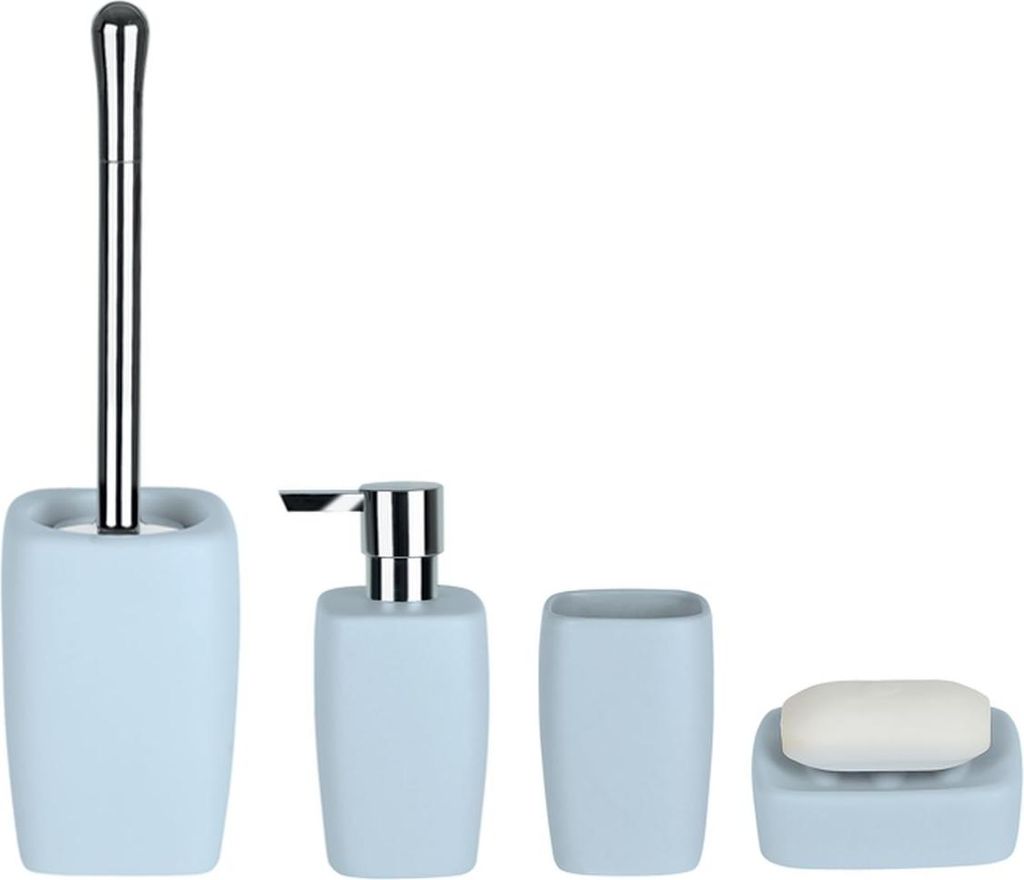Spirella Badezimmer Set, 4-teiliges Badzubehör aus Steinzeug Retro Seifenspender, Seifenschale, WC Bürste und Zahnputzbecher Pastellblau