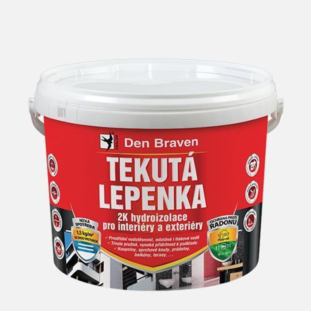 A red and white plastic bucket of liquid waterproofing product, labeled with brand and product information.