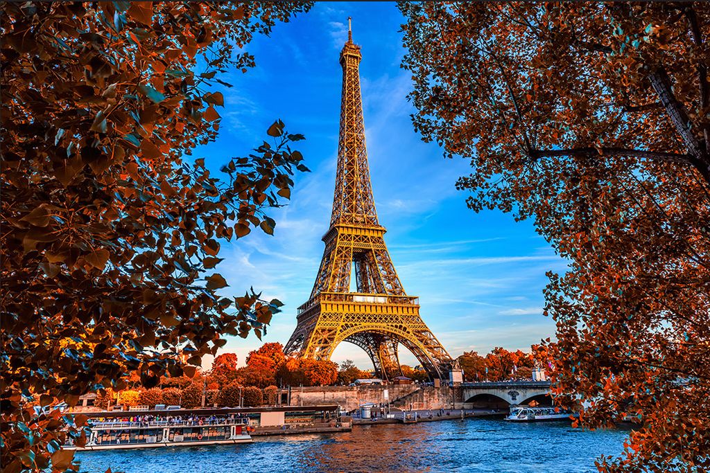 Muralo Fototapete Architektur 180 (B) x 120 (H) cm Vliestapete Wand Tapete Fluss SchiffeParis Eiffelturm Herbst Wohnzimmer Schlafzimmer moderne Wan...