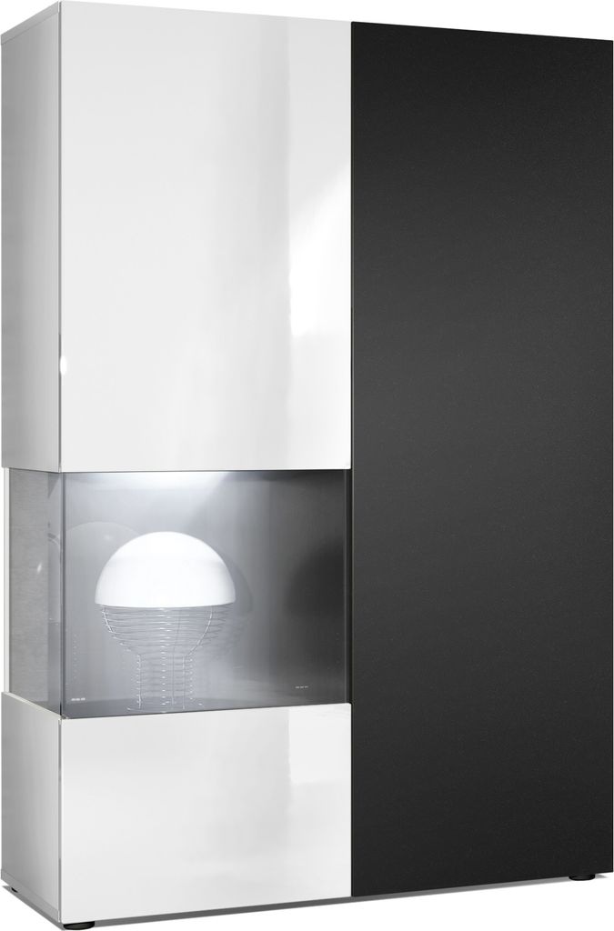 Vladon Vitrine Kommode Hochschrank Morena, Germany, Korpus in Weiß matt / Rechte Tür und der Einsatz in Schwarz matt, inkl. LED Beleuchtung