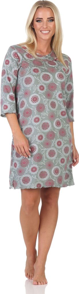 Elegantes frauliches Damen Nachthemd langarm in floralem Design von Normann ; hellgrau , 48
