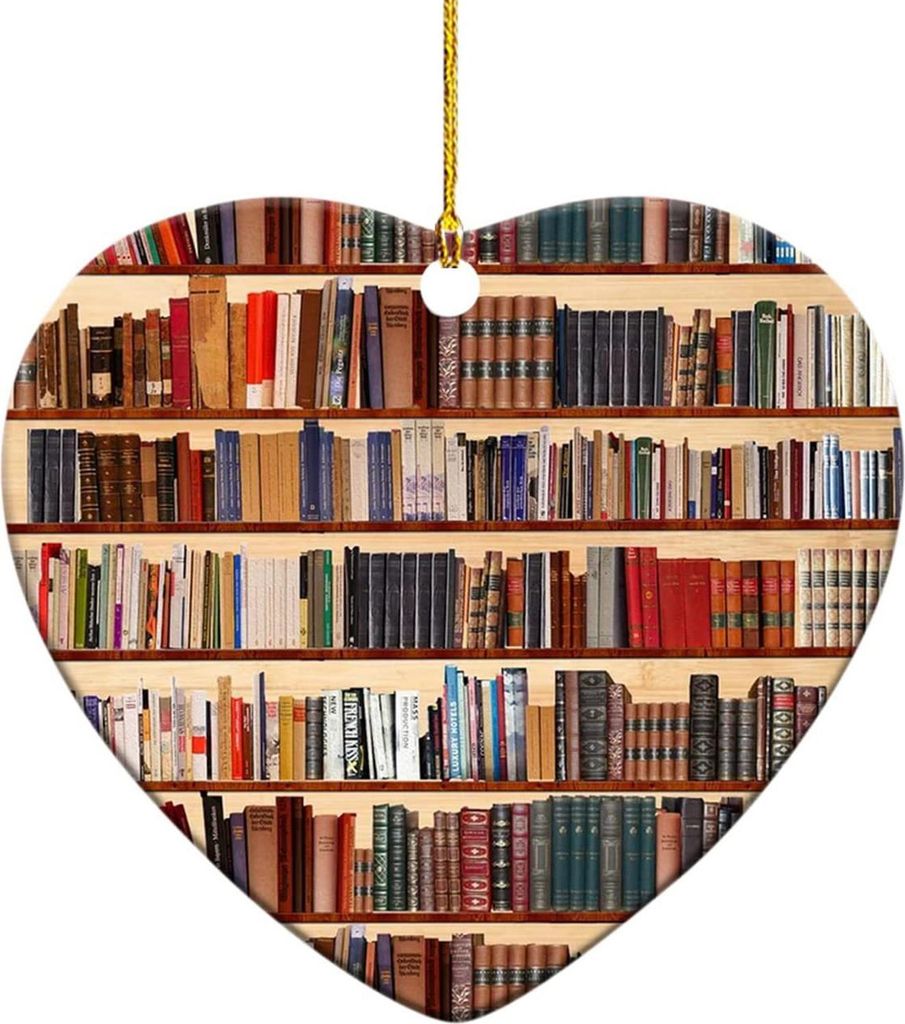 Herzförmiger Weihnachtsschmuck aus Acryl, Bücherregal- und Weihnachtsbaumschmuck, 2D-flach bedrucktes Buchgeschenk für Bücherliebhaber