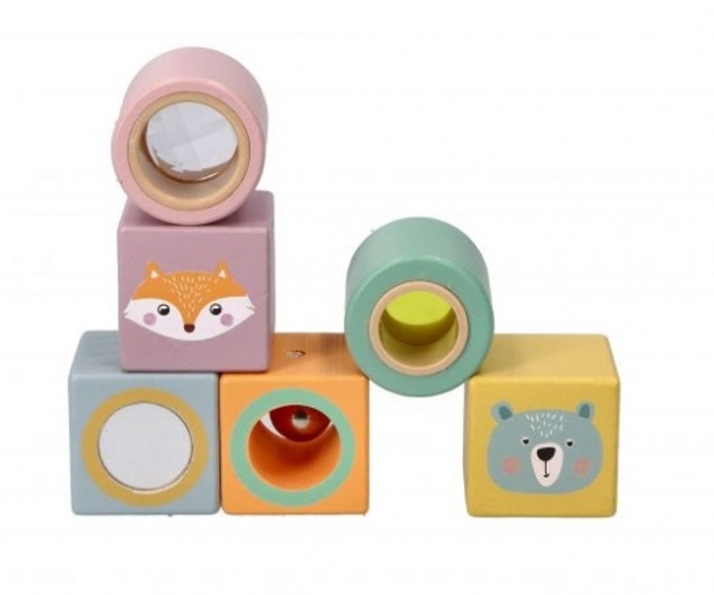 Klangbausteine, Holzbausteine, Bauklötze Baby - 6 Holzklötze: 4 Würfel, 2 Zylinder - Kinder Stapelspielzeug ab 1 Jahr - Sensorisches Spielzeug -...
