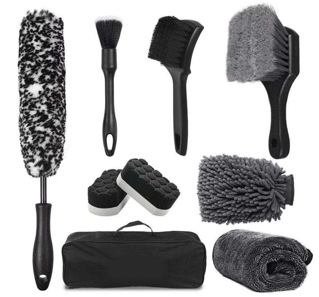 9-teiliges Autoreinigungsset, Felgenbürste, Felgenbürste mit weichen Borsten, Auto-Trockentuch, Reifenglanz-Applikatorpad, Autowaschhandschuh