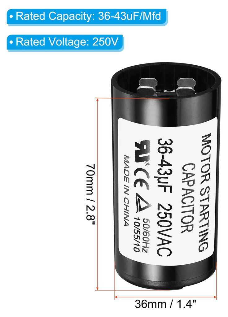 CD60 Betrieb Kondensator, 36-43ŠÌF 250V AC 50/60Hz Start Motorkondensator fš¹r Wechselstrom-Einphasenmotor, Schwarz