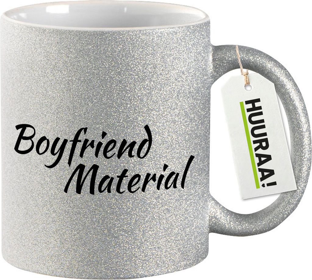 Huuraa Glitzertasse Boyfriend Material Schriftzug 330ml Silber Keramik Kaffeebecher Geschenkidee