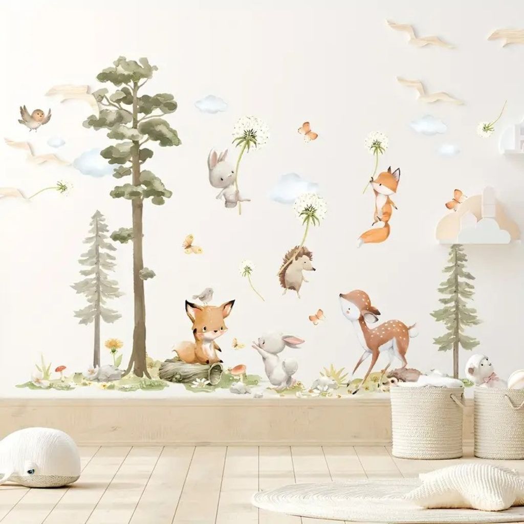 Wandaufkleber Kaninchen-Fuchs-Hirsch-großer Baum für Produktbild 