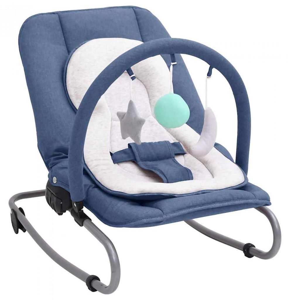 Zimilo Babywippe in Navyblau, 77 x 46 x 58 cm, Stahlgestell, Leinenbezug, 3-Punkt-Gurt, verstellbare Rückenlehne und Fußstütze, Spielbogen