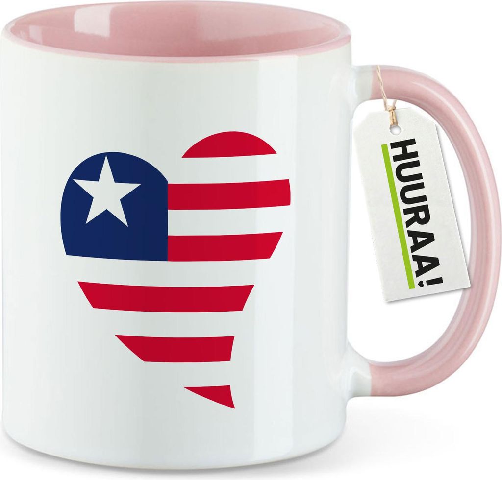 Huuraa Kaffeetasse Liberia Flagge Herz 330ml Rosa Keramik Kaffeebecher Geschenkidee