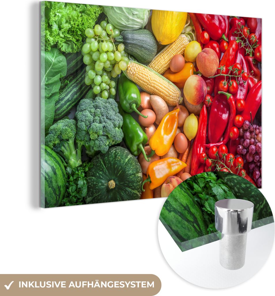 MuchoWow Glasbilder - Bilder auf Wandbild - Foto auf Glas Obst - Gemüse - Regenbogen 120x80 cm Wanddekoration aus Glas - Acrylglasbild - Acrylbild...