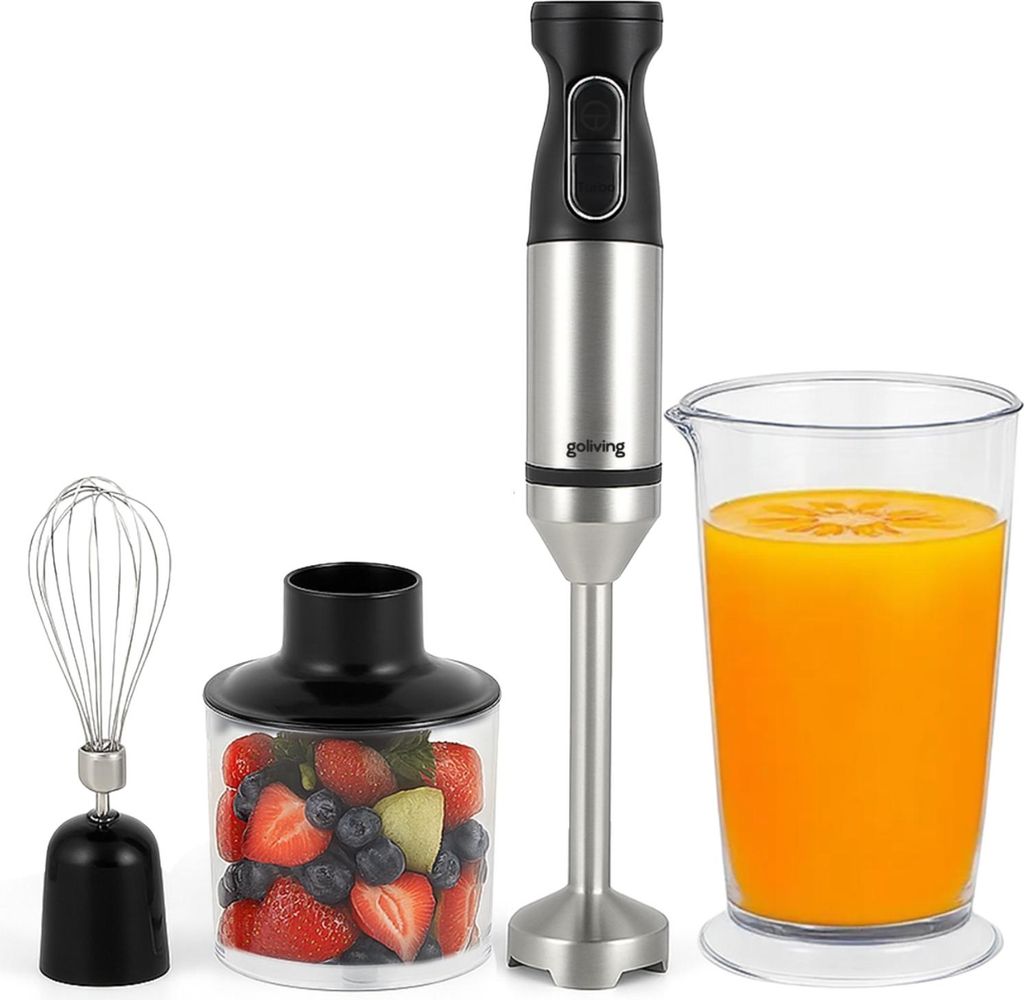 Goliving Stabmixer Set 4-in-1 – Zerkleinerer – Messbecher – Schneebesen – spülmaschinenfeste Zubehörteile – Edelstahl – Schwarz