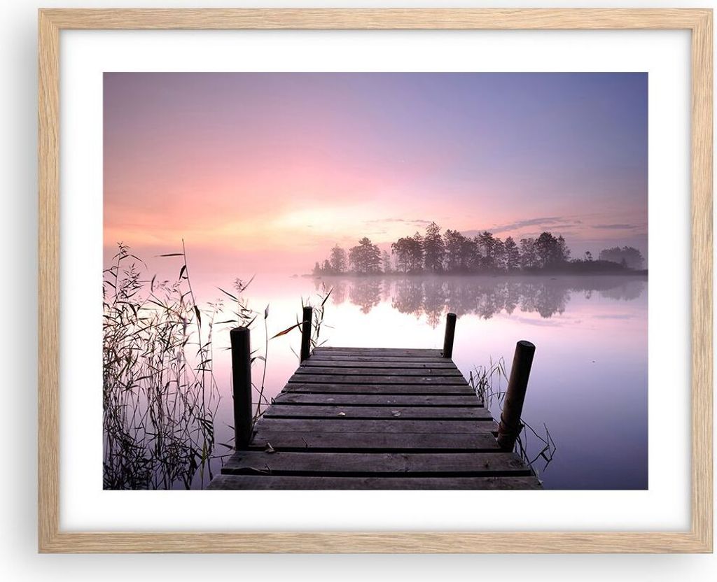 Gerahmtes Poster - Rahmen in heller Eiche - Morgen Sonnenaufgang Nebel See - 50x40 cm - Wand Bild - Wanddeko - Wandbilder - Wandposter - Bilderrahm...