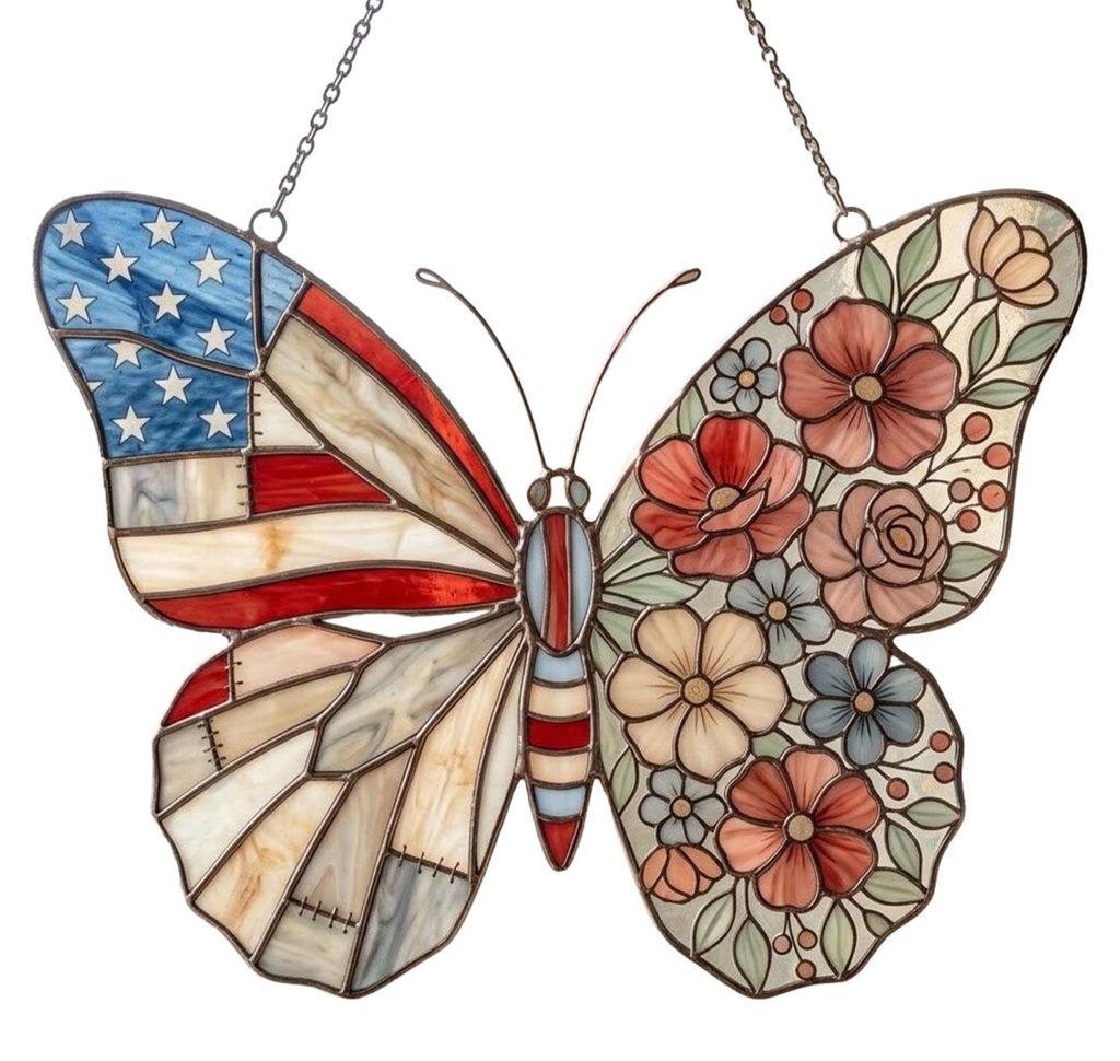 Schmetterlings-Sonnenfänger zum Unabhängigkeitstag, Acryl-Fensteranhänger in Buntglasoptik, patriotischer Schmetterlings-Sonnenfänger für Wand...