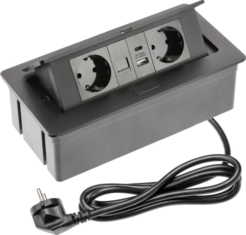 GTV - Einbausteckdose MULTISOFT schwarz mit 2X Schuko, USB A+C, RJ45, versenkbar mit Abdeckung, 1,5?m Kabel, ideal für Schreibtisch, Konferenztisc...