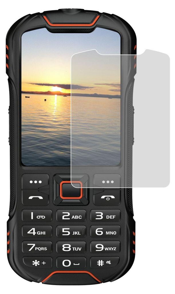 A rugged mobile phone with a screen protector partially covering the screen.