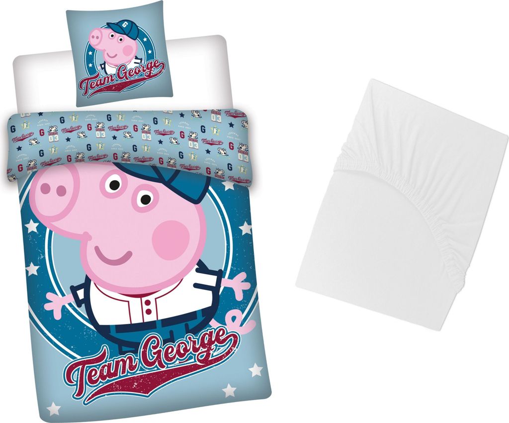 3 tlg Baby Bettwäsche Set - Team George - Renforcé - 40x60 100x135 cm + 1 Spannbettlaken weiß 60x120 - 70x140 cm Peppa Pig
