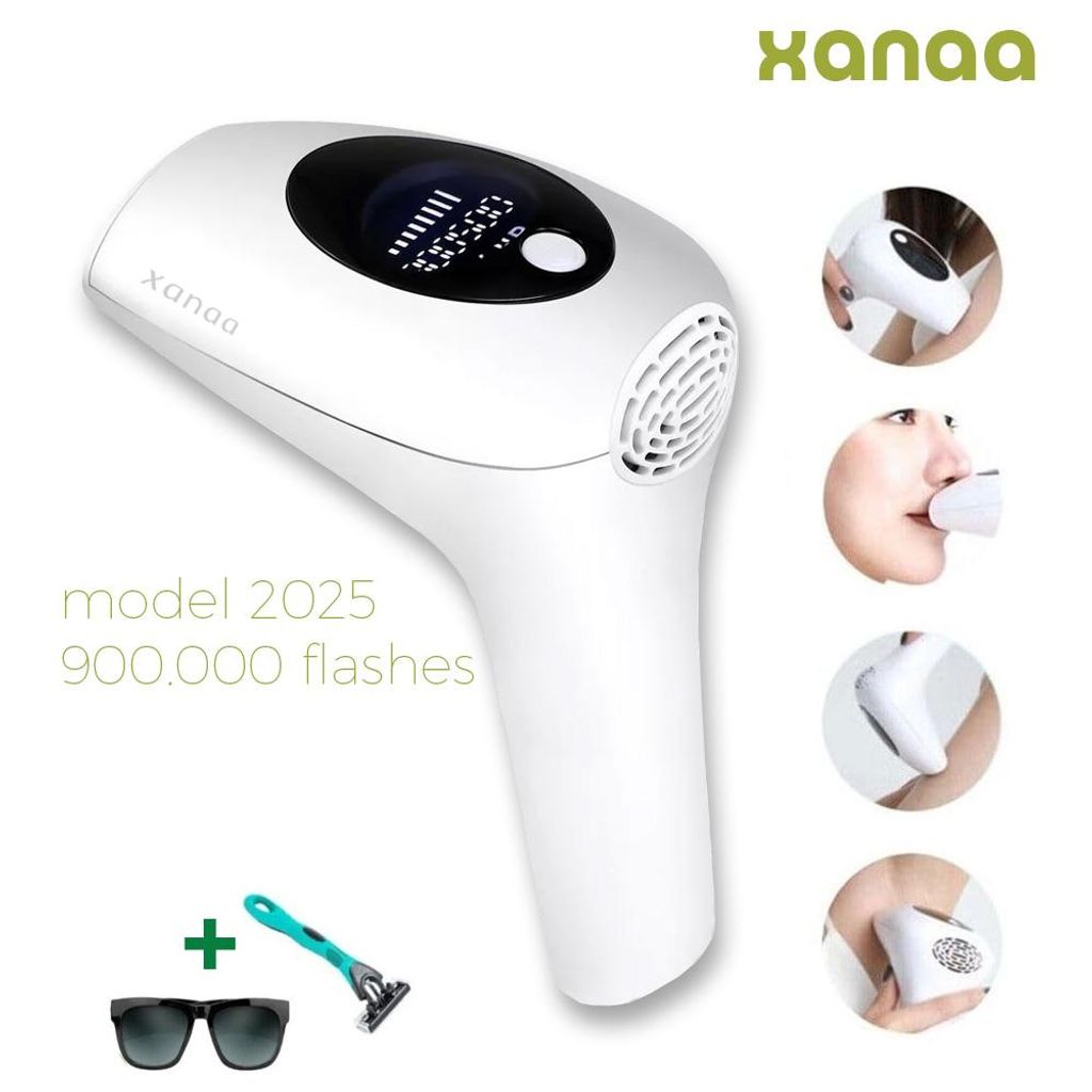 An image showcasing an IPL hair removal device with accompanying accessories and examples of its use on different body parts.