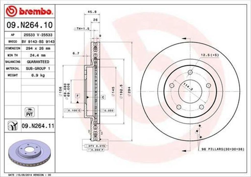 2x BREMBO Bremsscheibe 09.N264.11 passend für PEUGEOT 4008 Produktbild 