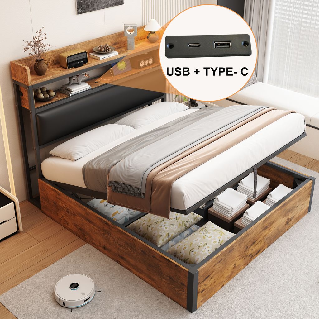 A bed with storage, featuring a headboard with shelves and integrated USB ports, shown in a bedroom setting.
