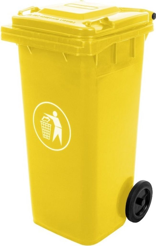 A yellow trash can with a recycling symbol on a white background.
