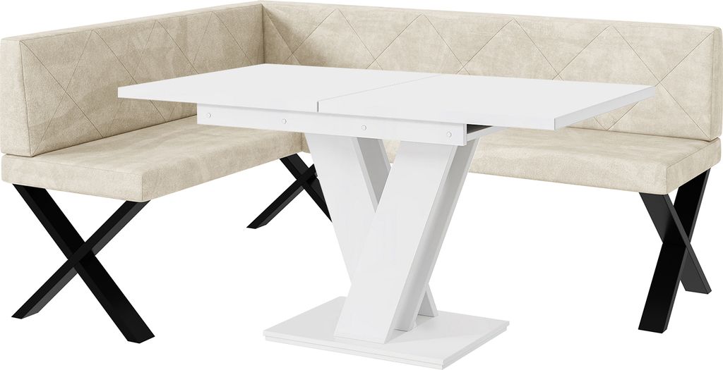 MEBLINI Eckbank für Esszimmer mit ausziehbarem Tisch - Küchenbank - Essecke - Sitzecke Küche - ERIC - X-Beine 128x168x87cm Links - Creme Samt/M ...