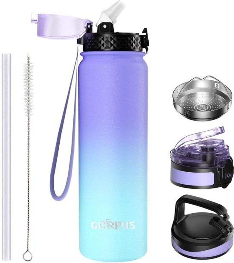 Isolierte 1L Edelstahl-Trinkflasche mit Riet