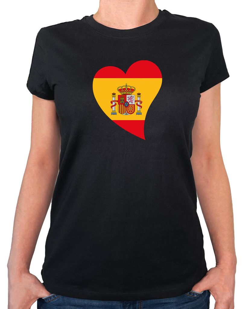 Huuraa Damen T-Shirt Spanien Flagge Herz XXL Black Bio Baumwolle Fairtrade Damenshirt Geschenkidee